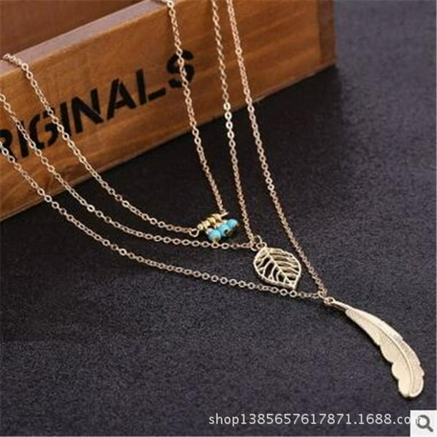 3Layer New Women Boho Sun Feather Leaf Bead Pendant Silver Chain Choker Necklace 3Layer New Women Boho Sun Feather Leaf Bead Pendant Silver Chain Choker Necklace
